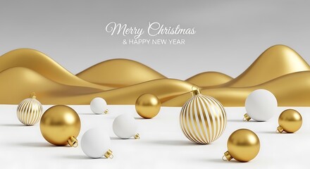 Elegant golden and white christmas ornaments arranged on a reflective surface with a golden wavy background and text that says merry christmas