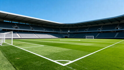 View from the corner of an empty modern soccer or football stadium with green grass and a goal on a sunny day.