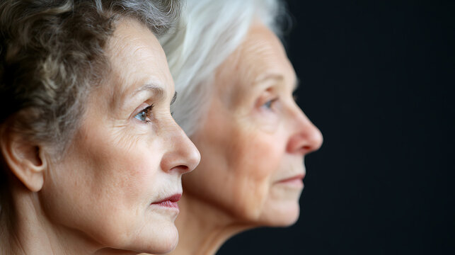 Two older women in profile, set against a dark backdrop, embody aging with grace. Their facial features highlight a natural aging process and character, celebrating life.