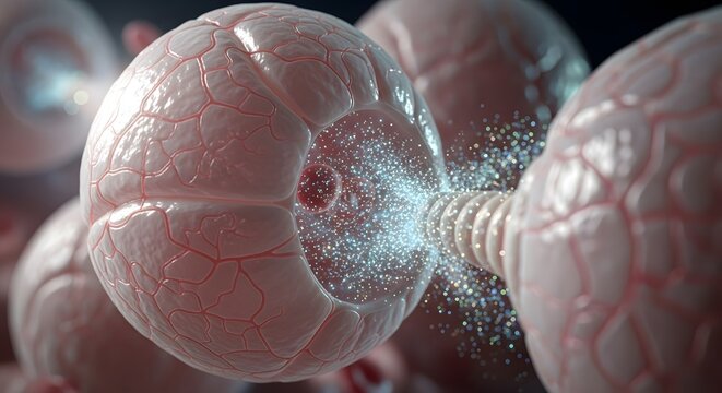 A detailed digital illustration of a biological process involving cells and microscopic particles in a scientific or medical context