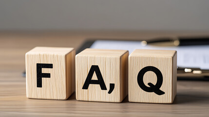 Three wooden blocks spell out FAQ on a wooden desk. Behind the blocks is a black clip board with some documents and a pen. It's a simple way to convey information access.