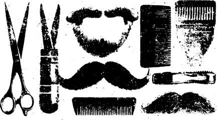 Scissors, beard, comb, and razor in vintage style. Detailed grooming tools vector illustration set for barbering.