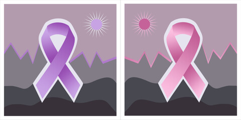 Flat vector illustration of awareness ribbons in pink (representing Breast Cancer) and purple (symbolizing other diseases) with an abstract landscape background featuring mountains and the sun
