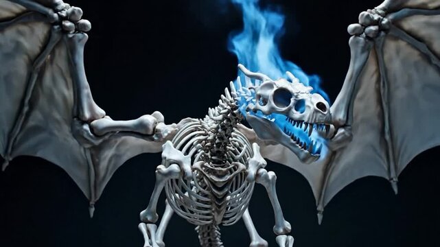 Dragon skeleton with large wings, blue fire, black background