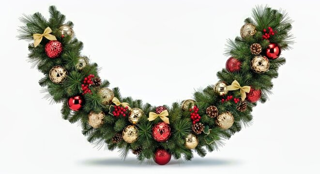 U Shaped Christmas Wreath With Red Gold Ornaments Pinecones and Holly Berries
