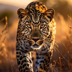 Obraz premium A majestic leopard walks toward the viewer in a golden field