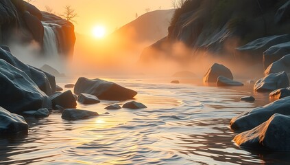 Tranquil Morning A Landscape of Rocks, Waterfalls, and Mist in a Golden Sunrise