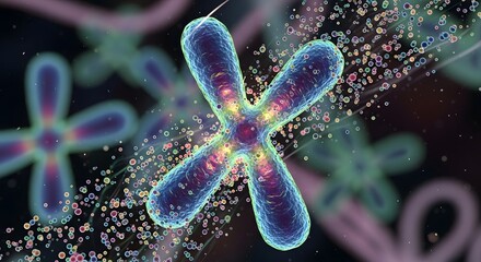 Colorful digital illustration of a chromosome with a vibrant, glowing appearance surrounded by abstract particles and other chromosomes in a scientific setting