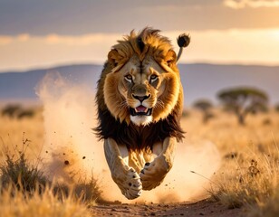 A majestic male feline sprints across the savannah