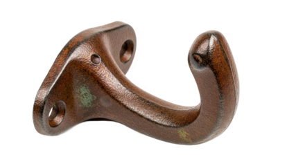 Rustic metal wall hook with curved design and aged brown finish—mounted on a flat base with screw holes, ideal for hanging items in vintage or industrial interiors