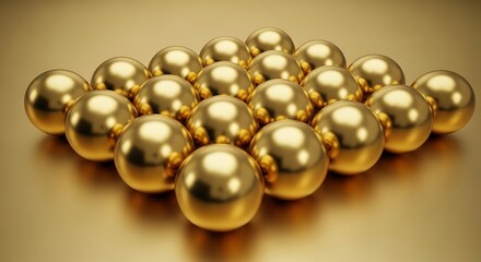A triangular arrangement of shiny golden spheres on a golden surface, isolated on white background
