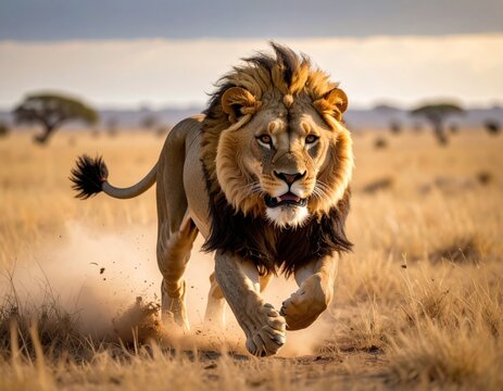 A majestic lion runs toward the viewer in a dry savanna