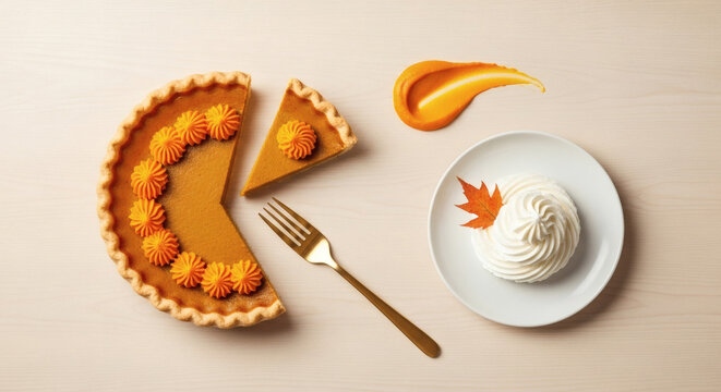 Artfully Decorated Pumpkin Pie Flat Lay with Orange Icing Swirls, a Golden Fork, a Slice Removed, and a Portion of Whipped Cream Garnish with a Tiny Maple Leaf, on a Bright Wooden Tabletop