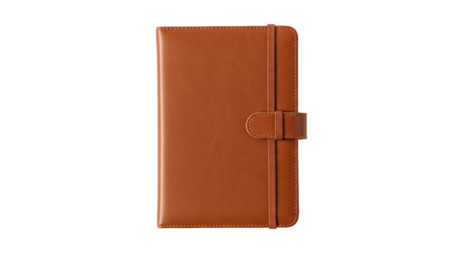 Brown leather-bound notebook with strap closure and visible stitching—smooth, professional, and ideal for journaling, planning, or business note-taking