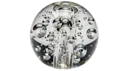 Clear glass sphere with suspended air bubbles and central cylindrical core—intricate, artistic, and visually captivating example of decorative glass craftsmanship