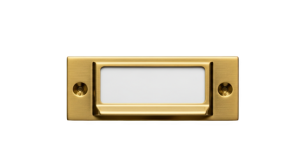 Brass label holder with white insert area and screw mounts—polished, functional, and ideal for organizing drawers, cabinets, or filing systems in home or office settings