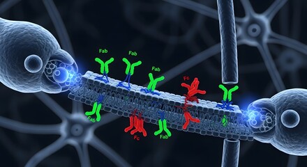 A detailed digital illustration showing a molecular structure with various components including proteins and cellular elements in a scientific context