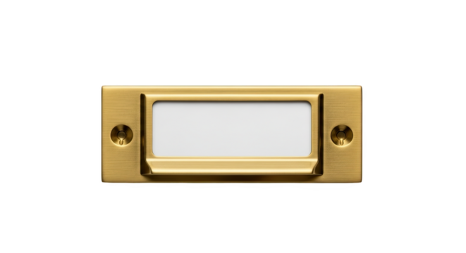 Brass label holder with white insert area and screw mounts—polished, functional, and ideal for organizing drawers, cabinets, or filing systems in home or office settings