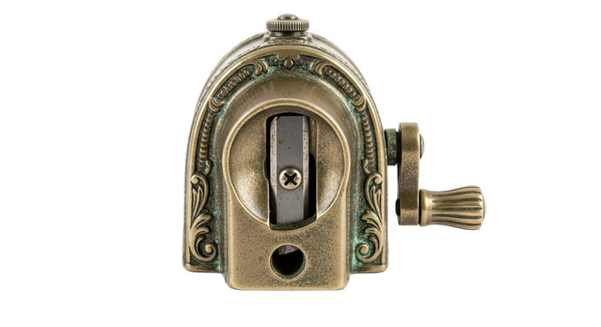 Vintage-style metal pencil sharpener with ornate engravings and hand crank—cylindrical, functional, and collectible, ideal for enthusiasts of antique office tools
