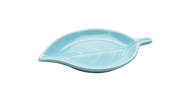 Light blue ceramic leaf-shaped dish with glossy finish and detailed vein patterns—elegant, nature-inspired design for serving, decor, or holding small items
