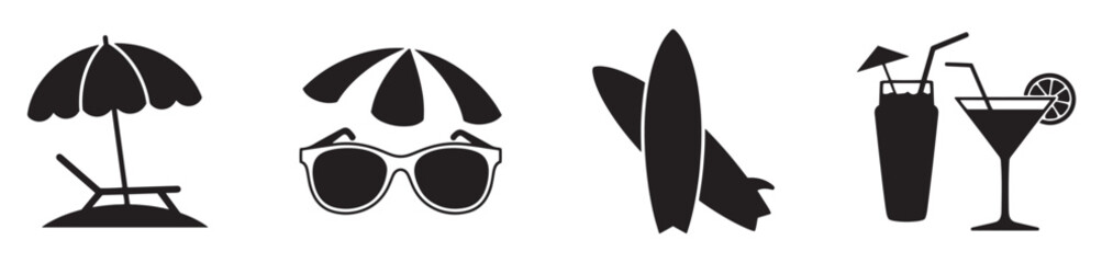 Summer leisure icons set – silhouette style beach, holiday, and vacation symbols. Summer and beach silhouette icons – solid style vacation, leisure, and relaxation symbols for travel planning: sun.