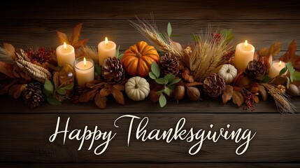 A beautiful hyper realistic illustration of a pumpkin used as a vase to hold an elegant autumn floral arrangement. Above the centerpiece, include the words "Happy Thanksgiving".