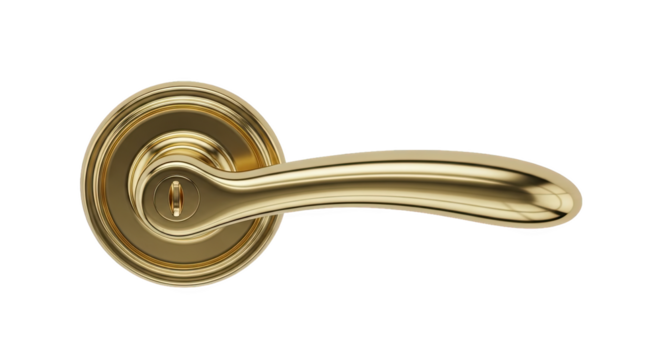 Elegant gold door handle with classic curves and concentric base plate detailing, featuring a keyhole for secure locking—ideal for upscale interiors and hardware catalogs