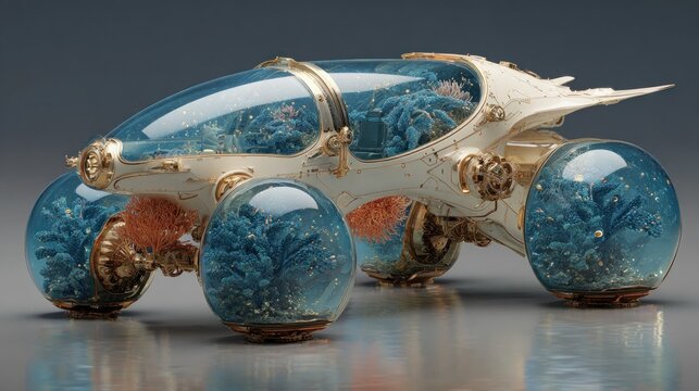 Futuristic vehicle with transparent spheres showcasing surreal aquatic ecosystem