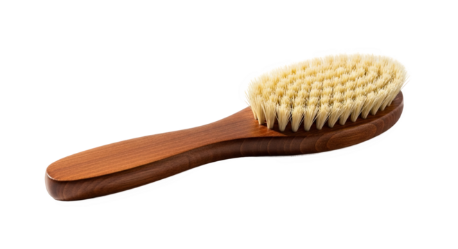 Natural wooden brush with dense light bristles and oval head—ideal for grooming, exfoliation, or cleaning. Ergonomic and eco-friendly design for personal care routines