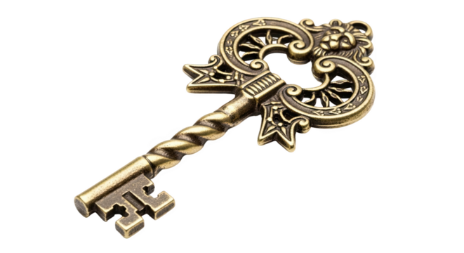 Intricate vintage brass key with ornate scrollwork and floral bow, twisted shaft, and notched bit—evoking mystery, history, and fantasy charm