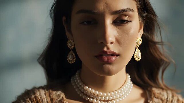 Close-up portrait of beautiful young woman with dark hair and jewelry