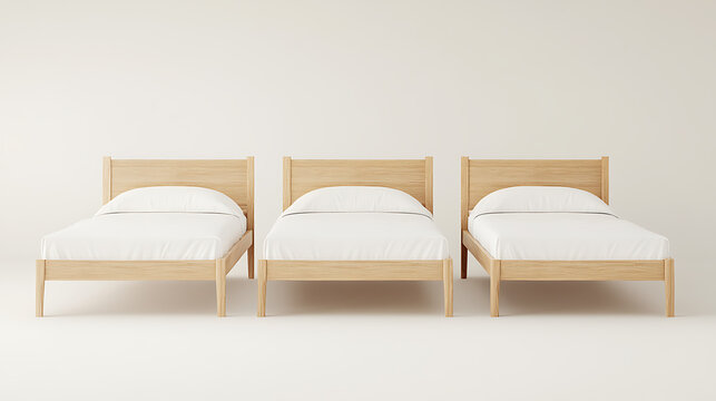 Three minimalist beds sit neatly side-by-side against a clean, bright backdrop, symbolizing simple elegance and coordinated design in a modern space.