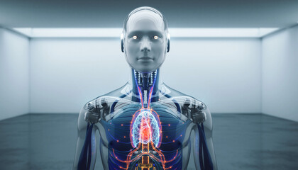 Portrait of a sophisticated humanoid robot with a transparent torso revealing a glowing network, symbolizing the fusion of biology and technology