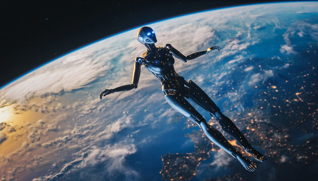 Advanced female humanoid robot hovering in the vastness of space, observing the glowing city lights on planet Earth from orbit in a futuristic vision