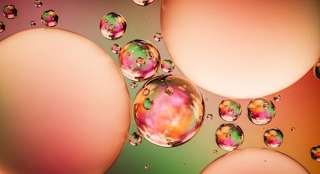 Abstract macro shot of colorful oil and water bubbles with iridescent reflections, vibrant and dynamic fluid art background