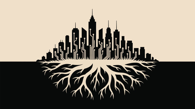 Modern city skyline interconnected with tech roots, symbolizing innovation, growth, and digital infrastructure in a sleek, contemporary design
