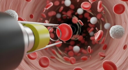 A detailed illustration of a medical syringe injecting medication into a blood vessel with red and white blood cells flowing around it