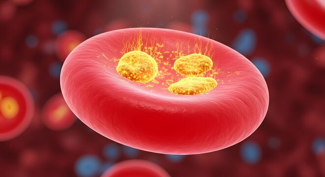 A detailed digital illustration of a red blood cell with four yellowish white blood cells inside, set against a blurred background of blood cells in motion
