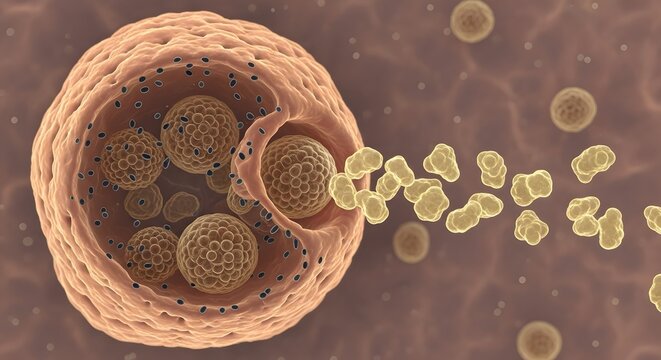 A detailed illustration of virus particles attaching to a host cell, depicting the microscopic process of infection at a cellular level - Powered by Adobe