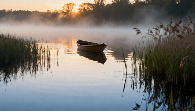 misty lake at sunrise with lone rowboat