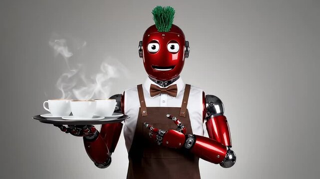 Red service robot wearing apron and bow tie holding tray of coffee
