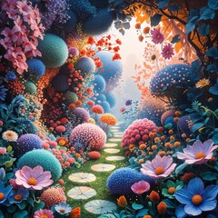 Fantasy Garden Path with Colorful Sphere Shrubs and Blooming Flowers on a Misty Day