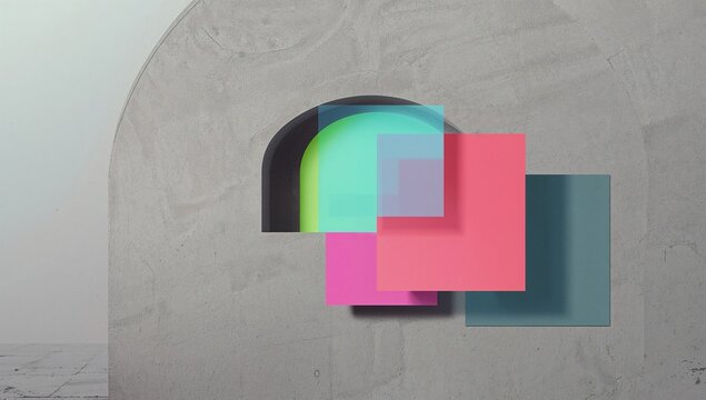 Minimalist composition featuring geometric shapes and an archway against a concrete background - Powered by Adobe