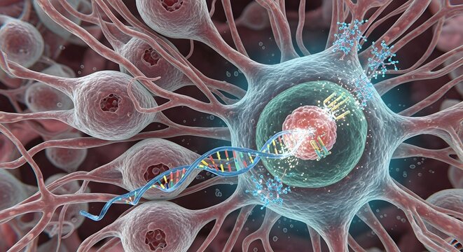 A detailed digital illustration of a neuron with a DNA strand and cellular components, highlighting the complexity of cellular biology and genetic material in science research
