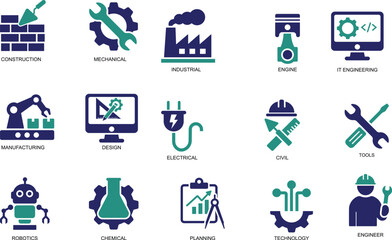 Flat vector engineering and technology icon set showing construction, mechanical, industrial, electrical, civil, and robotics concepts. Perfect for technical, industrial, and educational design 