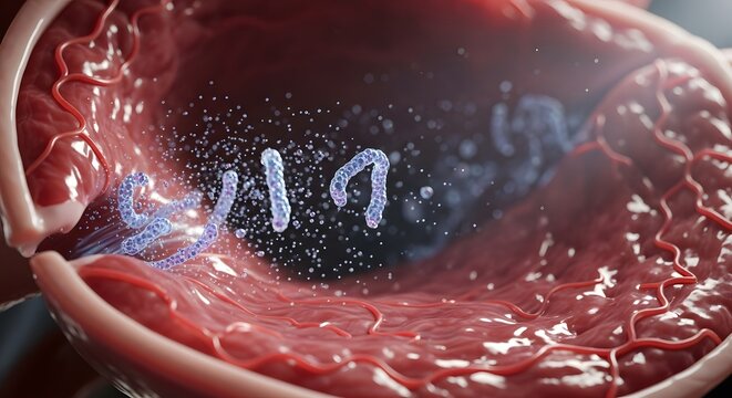 A close-up of a realistic model of the inside of a human stomach with floating particles and a digital representation of the word 'virus' to illustrate biological concepts - Powered by Adobe