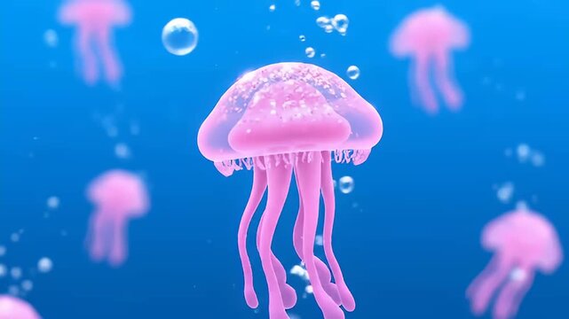 Adorable kawaii pink jellyfish with sparkling texture and bubbles