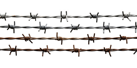 Four rows of barbed wire with varying rust levels isolated on transparent background