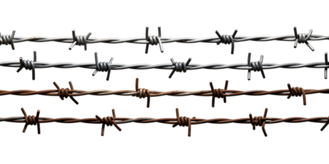 Four rows of barbed wire with varying rust levels isolated on transparent background