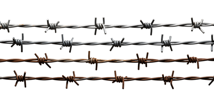 Four rows of barbed wire with varying rust levels isolated on transparent background